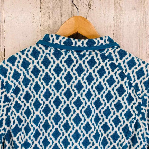Lands End Pullover Fleece Sweatshirt Large 14-16 Teal Blue White Diamond 1/4 Zip - Picture 5 of 12